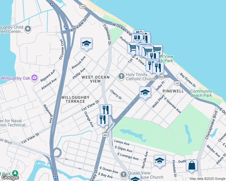 map of restaurants, bars, coffee shops, grocery stores, and more near 9442 1st View Street in Norfolk