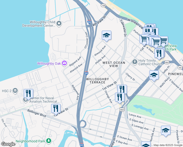 map of restaurants, bars, coffee shops, grocery stores, and more near 9286 Phillip Avenue in Norfolk