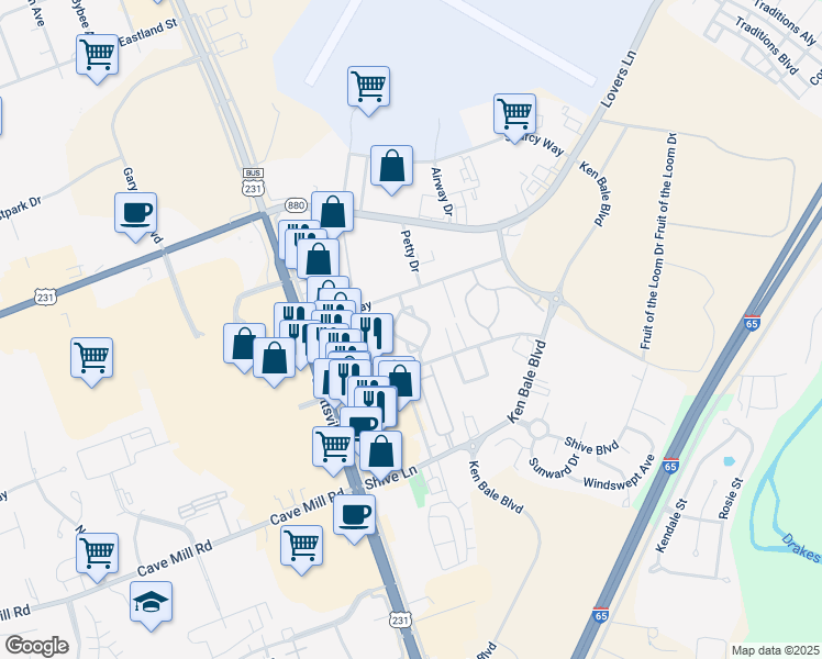 map of restaurants, bars, coffee shops, grocery stores, and more near 1500 Bryant Way in Bowling Green