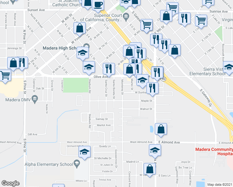 map of restaurants, bars, coffee shops, grocery stores, and more near 201 Santa Bonita Street in Madera