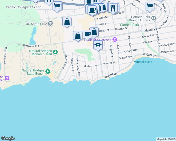map of restaurants, bars, coffee shops, grocery stores, and more near 132 San Jose Avenue in Santa Cruz