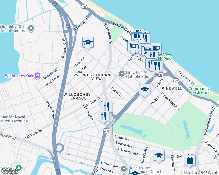 map of restaurants, bars, coffee shops, grocery stores, and more near 9442 1st View Street in Norfolk