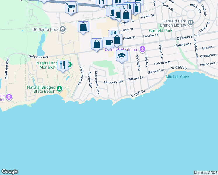 map of restaurants, bars, coffee shops, grocery stores, and more near 132 San Jose Avenue in Santa Cruz