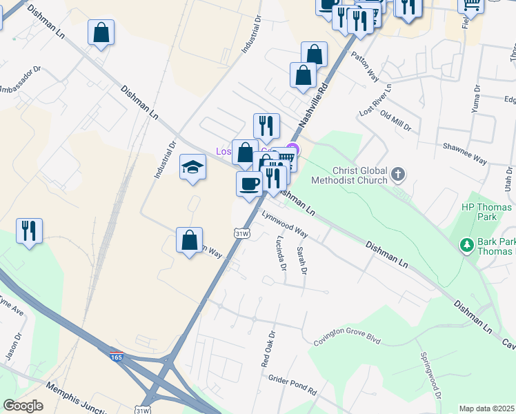 map of restaurants, bars, coffee shops, grocery stores, and more near Nashville Road in Bowling Green