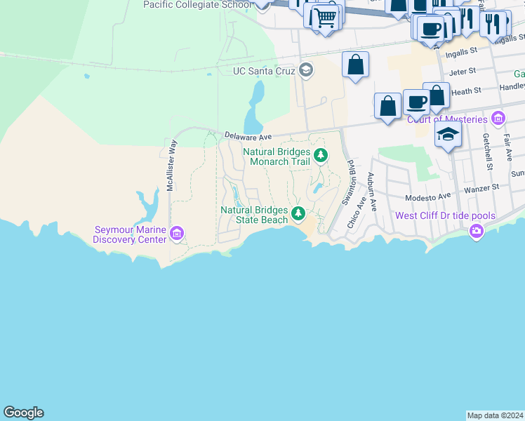 map of restaurants, bars, coffee shops, grocery stores, and more near 2395 Delaware Avenue in Santa Cruz