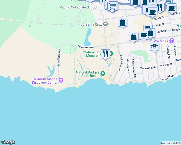 map of restaurants, bars, coffee shops, grocery stores, and more near 2395 Delaware Avenue in Santa Cruz