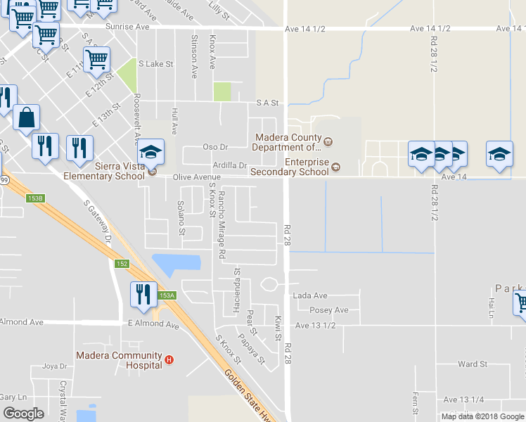 map of restaurants, bars, coffee shops, grocery stores, and more near 1444 La Costa Court in Madera