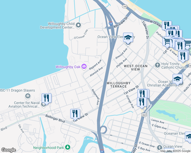 map of restaurants, bars, coffee shops, grocery stores, and more near 9237 Coleman Avenue in Norfolk