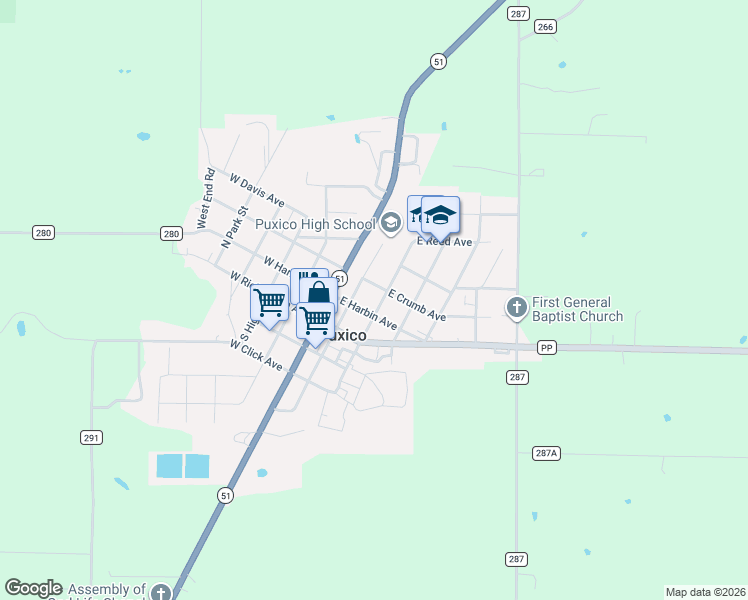 map of restaurants, bars, coffee shops, grocery stores, and more near 220 Hawk in Puxico