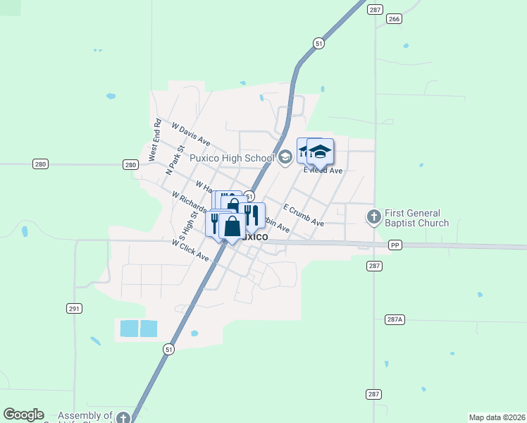 map of restaurants, bars, coffee shops, grocery stores, and more near 220 Hawk in Puxico