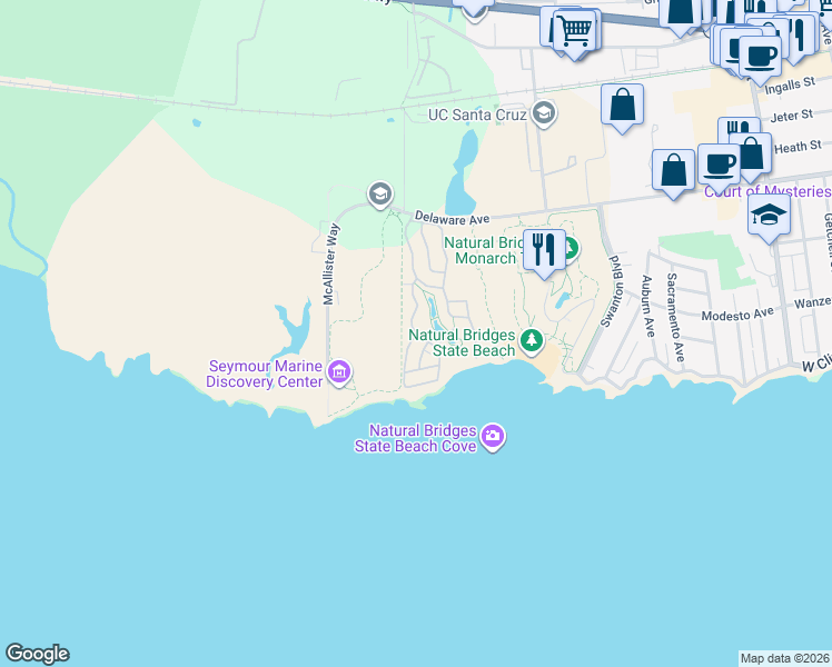map of restaurants, bars, coffee shops, grocery stores, and more near Horizon Drive in Santa Cruz