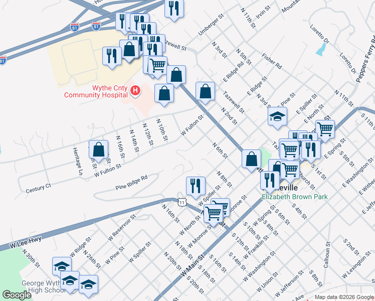 map of restaurants, bars, coffee shops, grocery stores, and more near 514 W Ridge St in Wytheville
