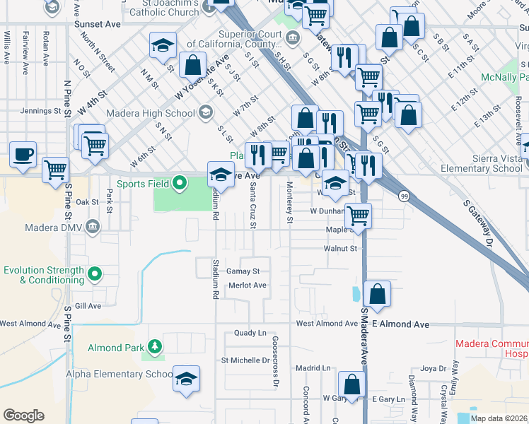 map of restaurants, bars, coffee shops, grocery stores, and more near 201 Santa Bonita Street in Madera