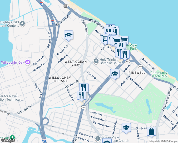 map of restaurants, bars, coffee shops, grocery stores, and more near 9442 1st View Street in Norfolk