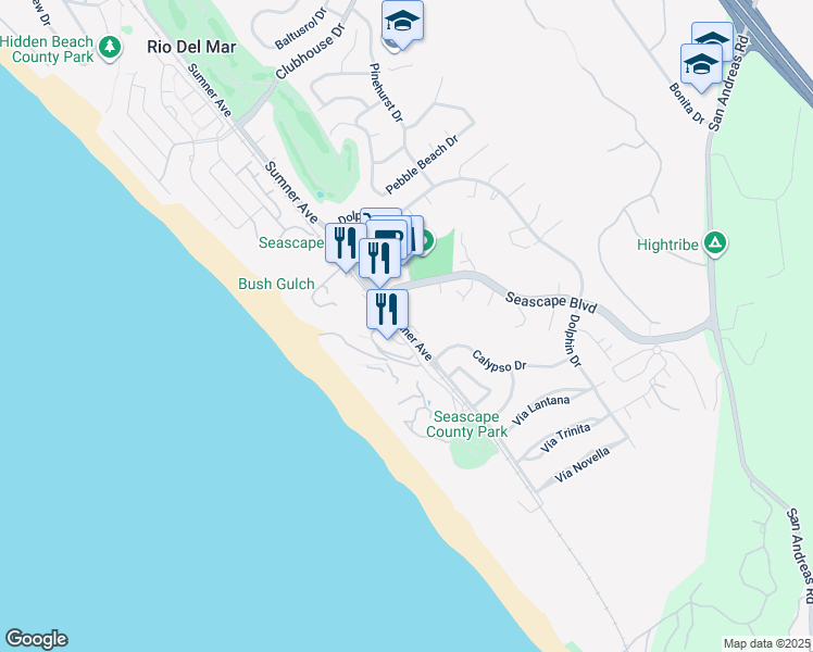 map of restaurants, bars, coffee shops, grocery stores, and more near 1830 Sumner Avenue in Aptos