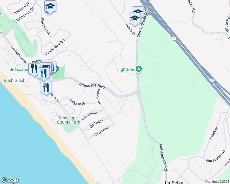 map of restaurants, bars, coffee shops, grocery stores, and more near 2029 Seascape Boulevard in Aptos