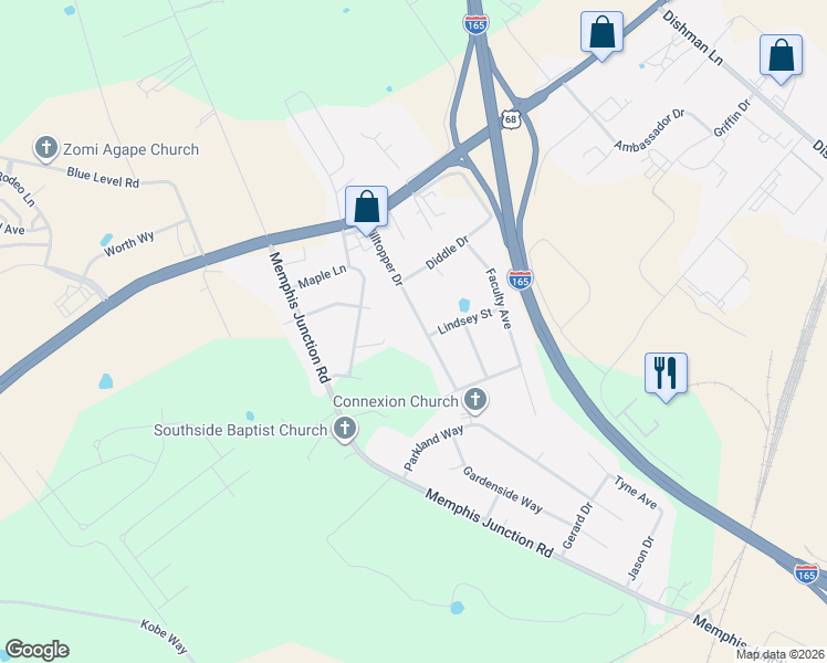 map of restaurants, bars, coffee shops, grocery stores, and more near 177-243 Hilltopper Drive in Bowling Green