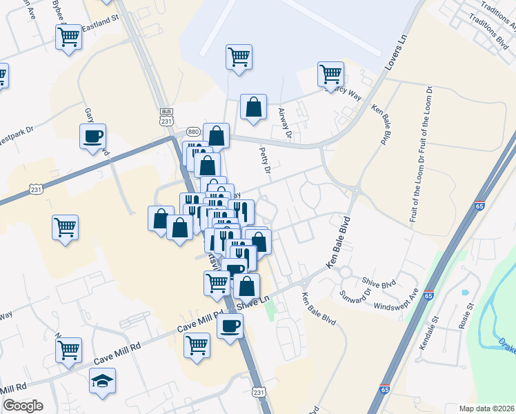 map of restaurants, bars, coffee shops, grocery stores, and more near 1500 Bryant Way in Bowling Green