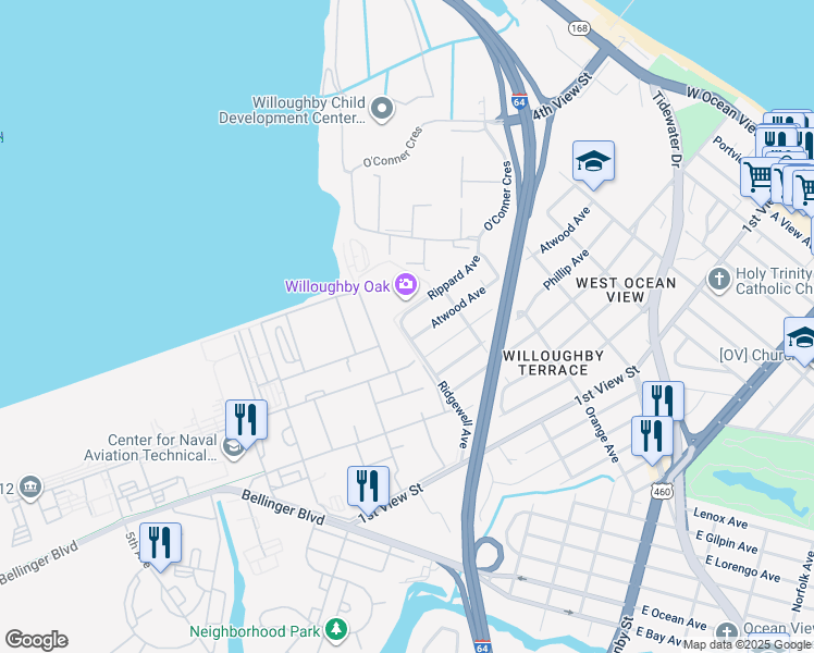 map of restaurants, bars, coffee shops, grocery stores, and more near 370 Ridgewell Avenue in Norfolk