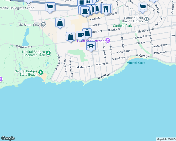 map of restaurants, bars, coffee shops, grocery stores, and more near 139 Merced Avenue in Santa Cruz