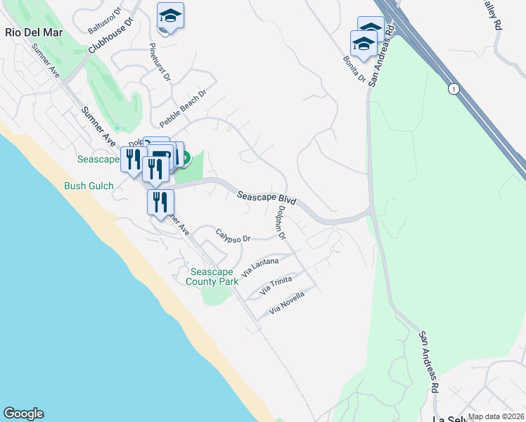 map of restaurants, bars, coffee shops, grocery stores, and more near 142 Bar Harbor Court in Aptos