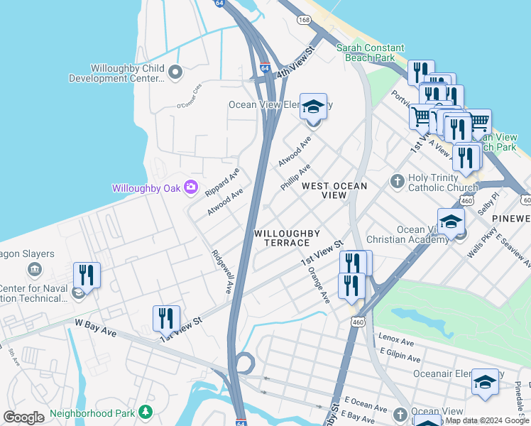 map of restaurants, bars, coffee shops, grocery stores, and more near 9286 Phillip Avenue in Norfolk