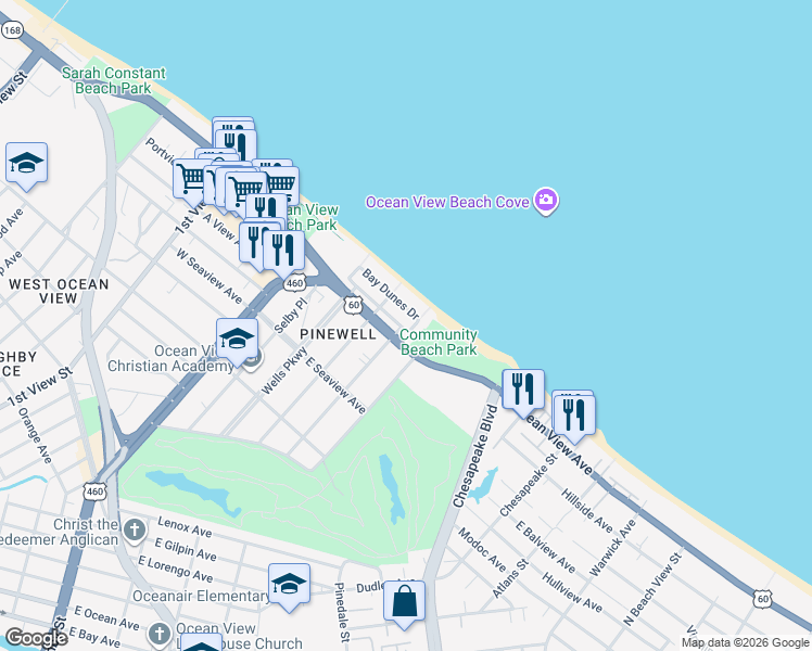 map of restaurants, bars, coffee shops, grocery stores, and more near 9715 Ship Watch Road in Norfolk