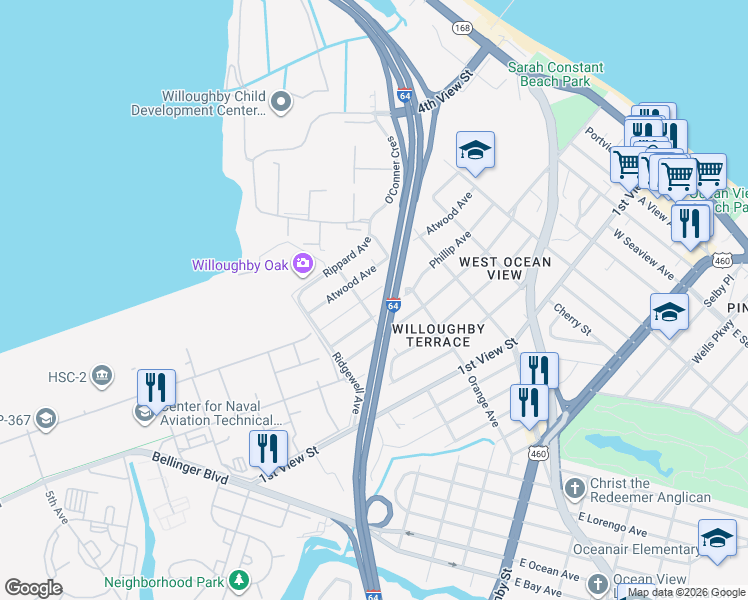map of restaurants, bars, coffee shops, grocery stores, and more near 9260 Coleman Avenue in Norfolk