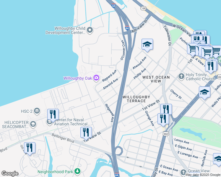map of restaurants, bars, coffee shops, grocery stores, and more near 9232 Atwood Avenue in Norfolk