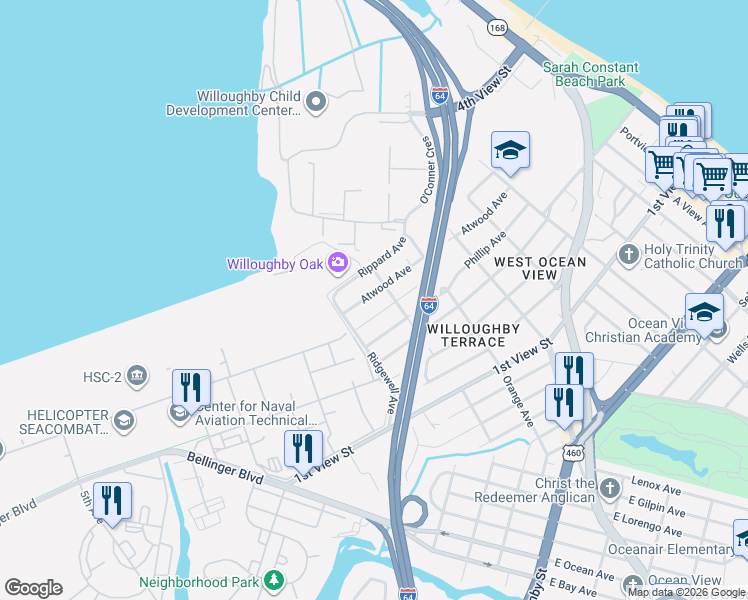 map of restaurants, bars, coffee shops, grocery stores, and more near 9232 Atwood Avenue in Norfolk