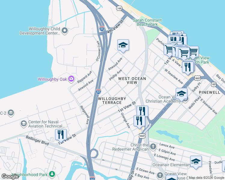 map of restaurants, bars, coffee shops, grocery stores, and more near 9314 Mason Creek Road in Norfolk