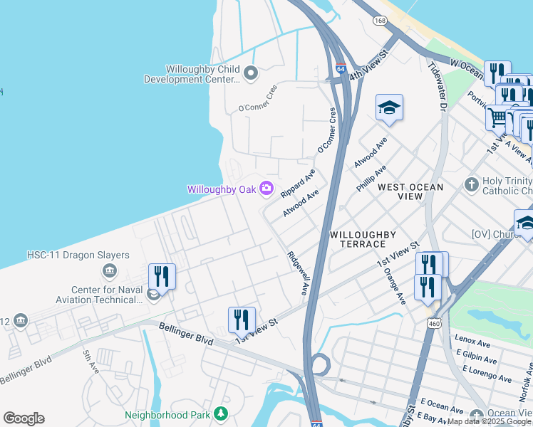 map of restaurants, bars, coffee shops, grocery stores, and more near 374 Ridgewell Avenue in Norfolk
