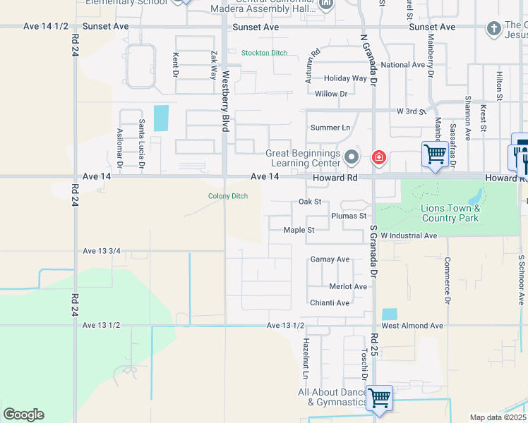 map of restaurants, bars, coffee shops, grocery stores, and more near 3085 Plumas Street in Madera