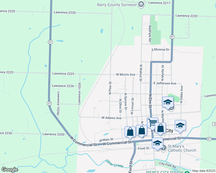 map of restaurants, bars, coffee shops, grocery stores, and more near in Pierce City