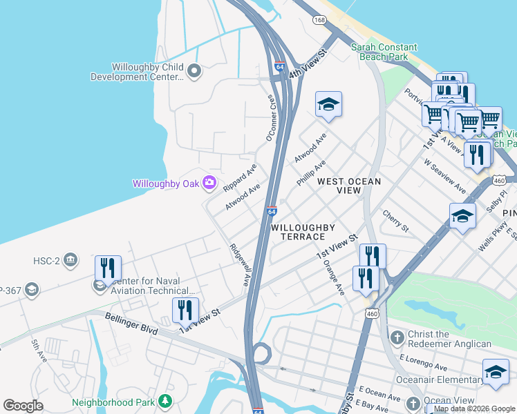 map of restaurants, bars, coffee shops, grocery stores, and more near 9260 Coleman Avenue in Norfolk