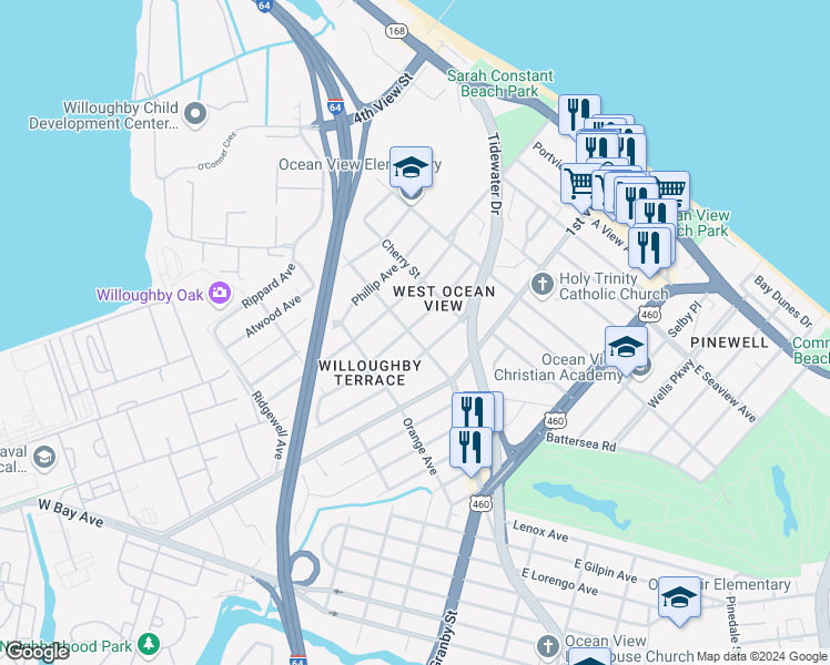 map of restaurants, bars, coffee shops, grocery stores, and more near 9400 Hickory Street in Norfolk