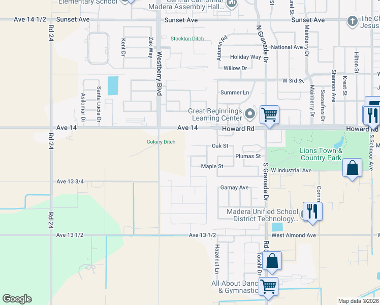 map of restaurants, bars, coffee shops, grocery stores, and more near 3085 Plumas Street in Madera