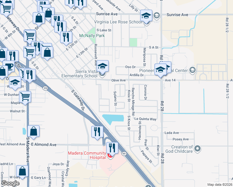 map of restaurants, bars, coffee shops, grocery stores, and more near 181 Solano Street in Madera