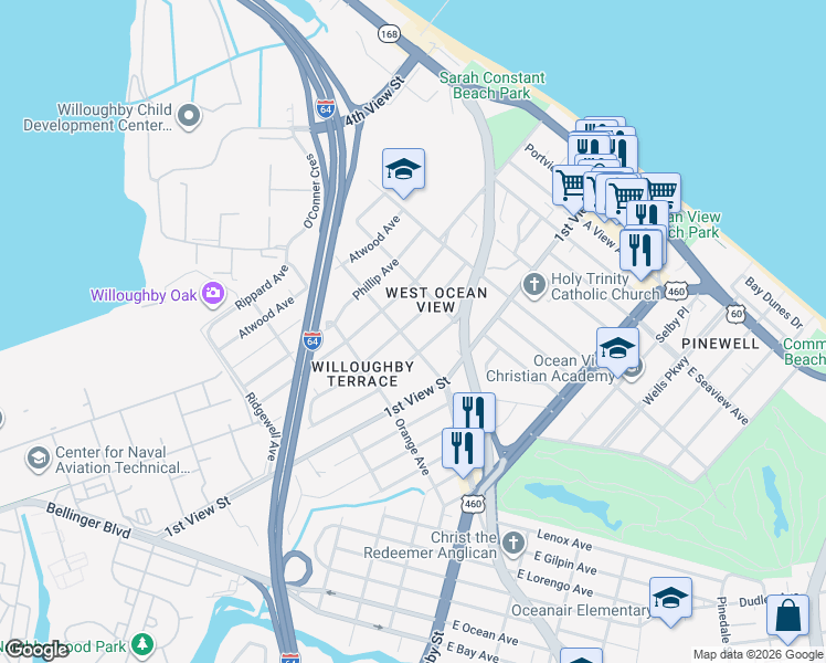 map of restaurants, bars, coffee shops, grocery stores, and more near 9400 Hickory Street in Norfolk