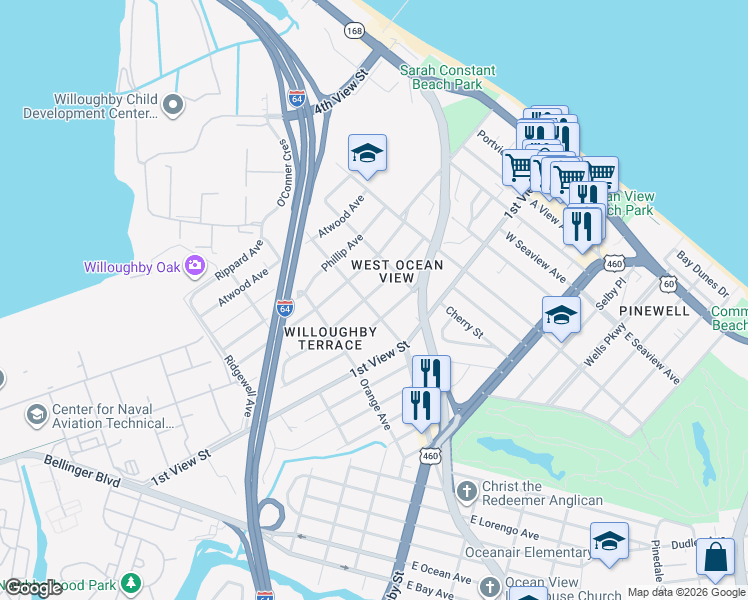 map of restaurants, bars, coffee shops, grocery stores, and more near 9400 Hickory Street in Norfolk
