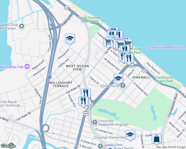map of restaurants, bars, coffee shops, grocery stores, and more near 175 Dupre Avenue in Norfolk