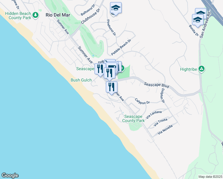 map of restaurants, bars, coffee shops, grocery stores, and more near 123 Seascape Resort Drive in Aptos