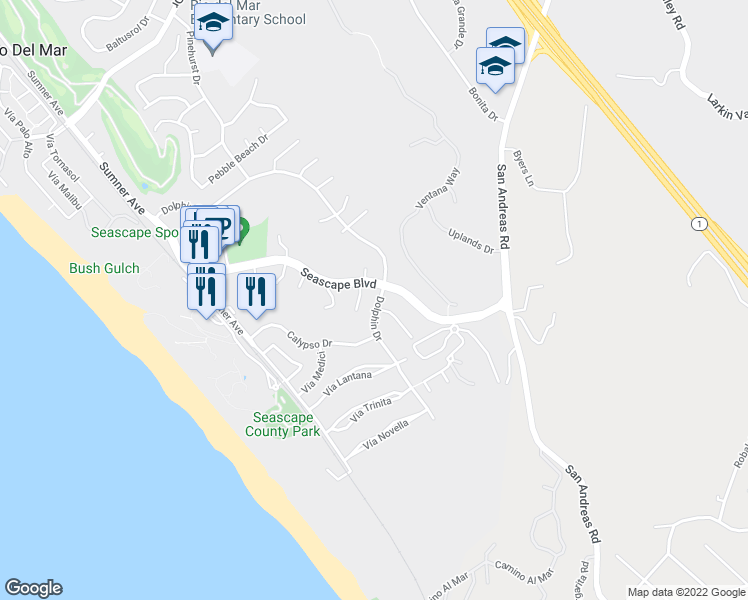 map of restaurants, bars, coffee shops, grocery stores, and more near 2024 Dolphin Drive in Aptos