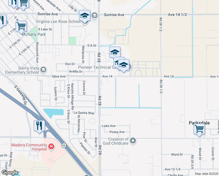 map of restaurants, bars, coffee shops, grocery stores, and more near 13849 Road 28 in Madera