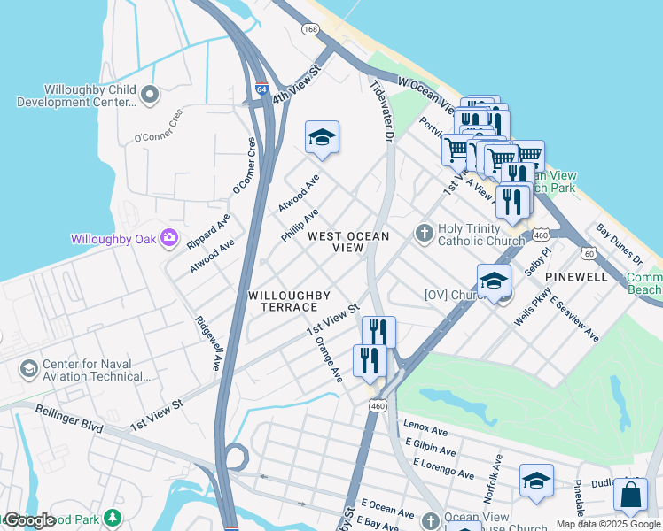 map of restaurants, bars, coffee shops, grocery stores, and more near 9408 Hickory Street in Norfolk