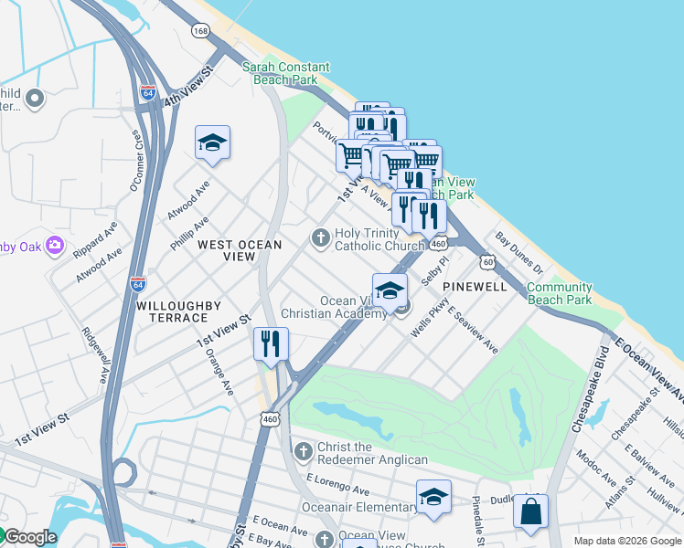 map of restaurants, bars, coffee shops, grocery stores, and more near 129 West Government Avenue in Norfolk