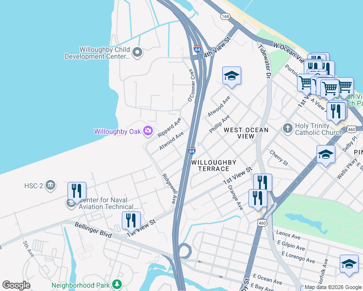 map of restaurants, bars, coffee shops, grocery stores, and more near 9260 Coleman Avenue in Norfolk
