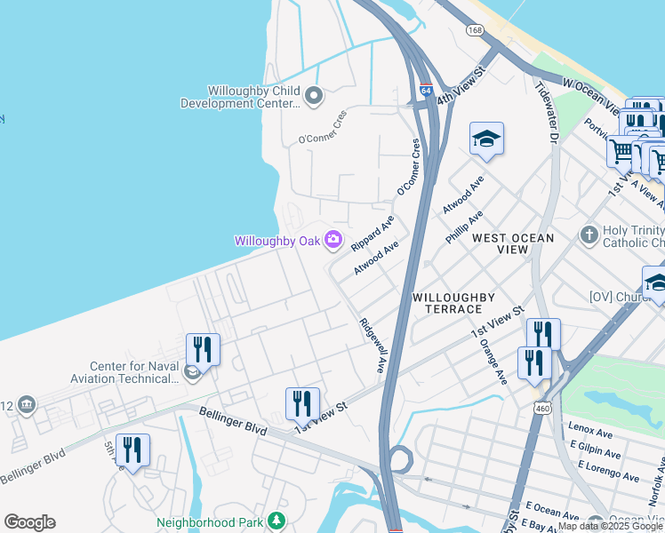 map of restaurants, bars, coffee shops, grocery stores, and more near 370 Ridgewell Avenue in Norfolk
