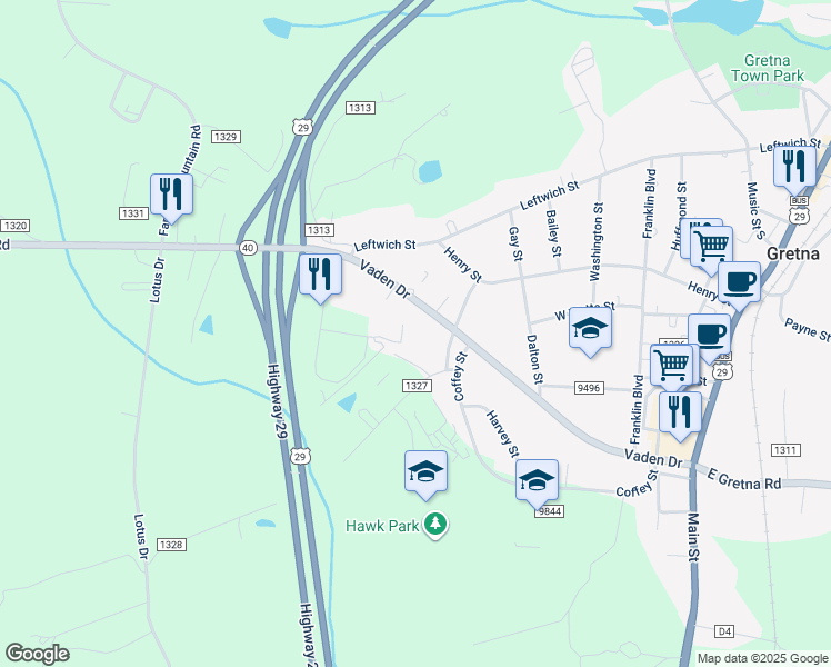 map of restaurants, bars, coffee shops, grocery stores, and more near 595 Vaden Drive in Gretna