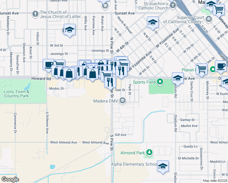 map of restaurants, bars, coffee shops, grocery stores, and more near 225 South Pine Street in Madera